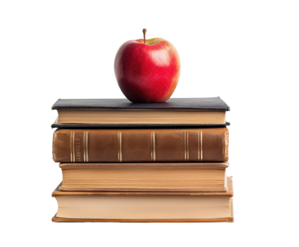 A red apple sits atop a stack of aged books