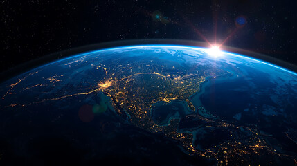 Obraz premium The image depicts a satellite orbiting Earth in outer space, illuminated by city lights across continents and surrounded by numerous stars and cosmic light effects against a deep blue background.