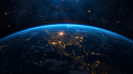The image depicts a satellite orbiting Earth in outer space, illuminated by city lights across continents and surrounded by numerous stars and cosmic light effects against a deep blue background.