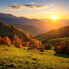 Autumnal sunset over rolling hills and vibrant foliage