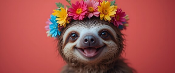 Fototapeta premium Happy sloth wearing a colorful flower crown, plain coral background