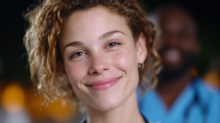 Fototapeta premium Close up of a smiling young woman with curly hair and freckles with a blurred male figure behind her