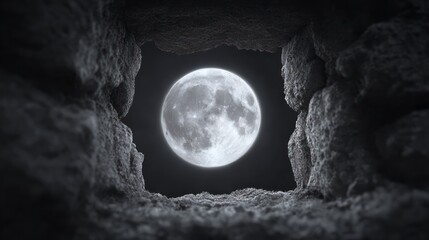 Fototapeta premium Full moon viewed through rough textured cave opening in darkness night