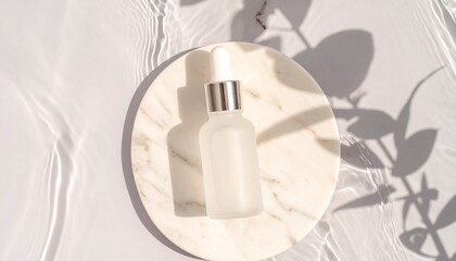 Frosted glass dropper bottle on a marble podium in clear water with eucalyptus leaf shadows. Natural cosmetic product mockup.
