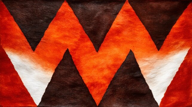 Close up view of a textured animal hide with a zig zag pattern in orange white and dark brown