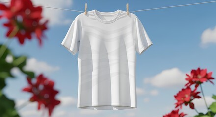 Clean white t-shirt mockup hanging on a clothesline against a blue sky with clouds and red flowers.