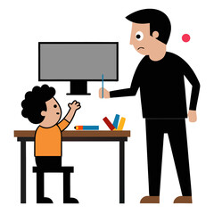 Curious Boy Learning on Computer with Father – Black and White Cartoon Illustration