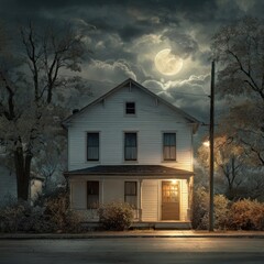 White house at night, under a full moon