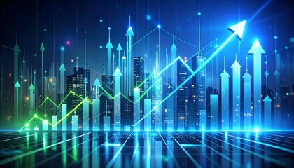 Futuristic cityscape with rising graphs