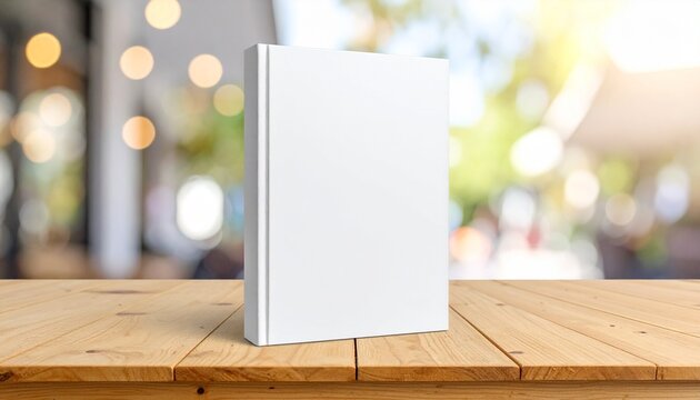 Blank white hardcover book mockup standing on a wooden table. Template for showcasing a book cover design against a blurred background.