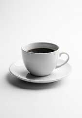 Obraz premium Minimalist presentation of a steaming cup of black coffee on a white saucer