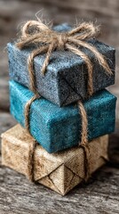 Stack of three small gifts wrapped in rustic paper, tied with twine bows