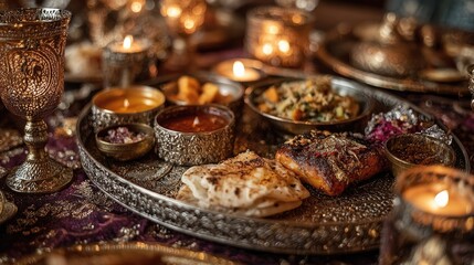Lavish spread of food on ornate metallic tray, surrounded by candles and goblets