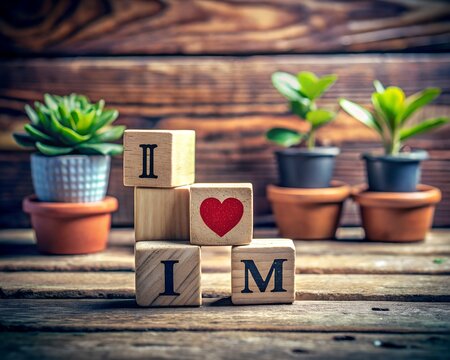 Wooden blocks spelling i love m with a red heart symbol, surrounded by potted plants and succulents on a rustic wooden surface