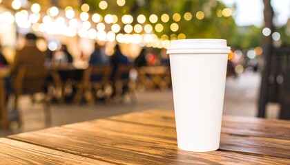 Disposable coffee cup on a wooden table at an outdoor city cafe with blurred string lights and people in the background.