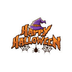 Happy Halloween Lettering with Witch Hat, Spider, and Web – Hand Drawn Vector Illustration