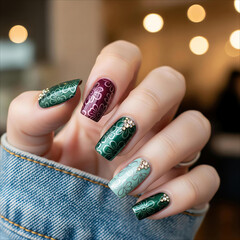Sparkling green and burgundy glitter nail art with gold accents