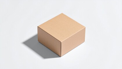 Fototapeta premium Isometric view of a simple brown cardboard cube box with a shadow on a white background. Minimalist packaging and shipping concept.