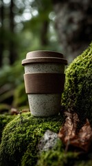 Fototapeta premium stylish reusable coffee cup in forest setting