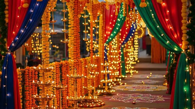 Colorful Indian festival decorations with marigold garlands and glowing oil lamps. Traditional Hindu celebration scene for Diwali or a wedding.