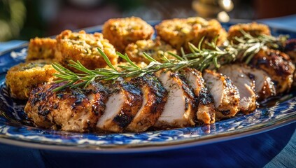 Sliced grilled chicken breast, garnished with rosemary, served with stuffing balls