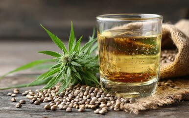 Clear glass shot of hemp oil with fresh cannabis bud and seeds