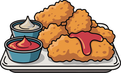 Crispy golden chicken tenders with ketchup and mayonnaise dipping sauces on a plate