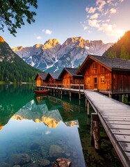Naklejka premium Calm lake reflecting sunrise-lit mountains & wooden houses on stilts