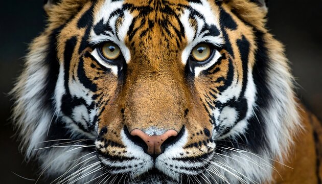 Close-up of a tiger's intense gaze, showcasing its striking orange and black stripes, and powerful features