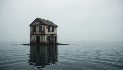 Obraz premium Rusted Abandoned House Submerged in Floodwater