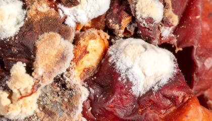 Close-up of decaying fruit showing various mold textures and colors