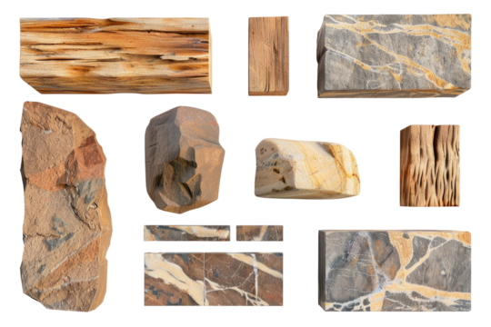 Collection of natural stone and wood slabs, various shapes and colors.  Different textures and patterns are visible in each piece