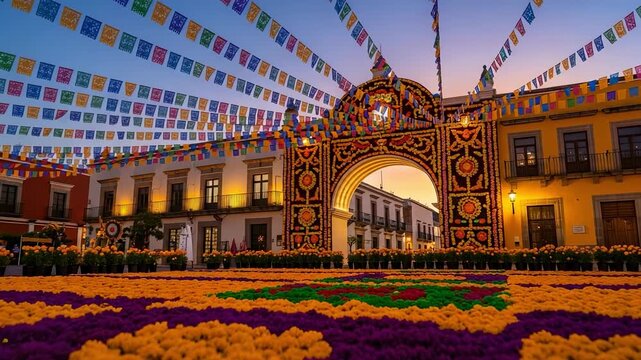 Festive town square decorated for a traditional celebration. Large arch and carpet made of marigold flowers. Colorful papel picado banners.