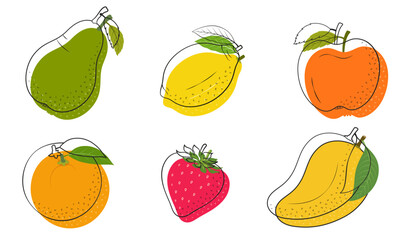 Summer tropical healthy fruit, apple, pear, orange, strawberry, mango, avocado, and lemon. 