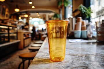 Empty, amber-colored tumbler on a marble counter in a cafe.