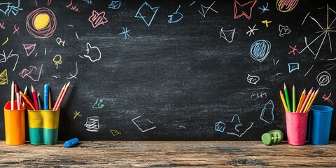 Colorful chalkboard background with childlike drawings, perfect for back to school or education themes.
