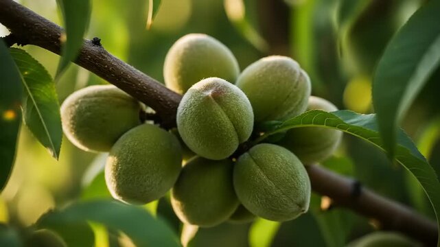 Fresh green almonds growing on a tree branch in sunlight