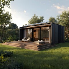 Modern Shipping Container Home with Solar Panels in Nature.,Modern Container Home with Deck and Solar Panels in a Lush Green Setting., Modern Glass-Walled Cabin in Lush Garden Setting, Eco-friendly