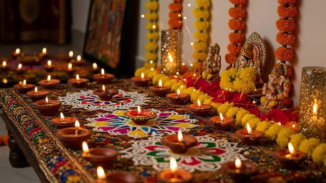 Lit clay diyas for Diwali puja celebration. Traditional Hindu festival decorations with Lakshmi and Ganesha idols and marigold flower garlands.