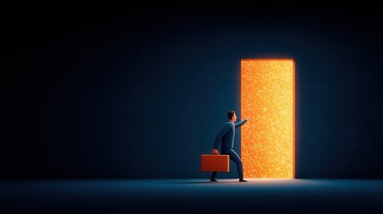 Man unlocking glowing vault full of data, digital security, business intelligence, and strategic advantage concept, abstract technology style, copy space for text,