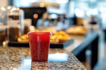 Red plastic cup sits on a granite countertop.