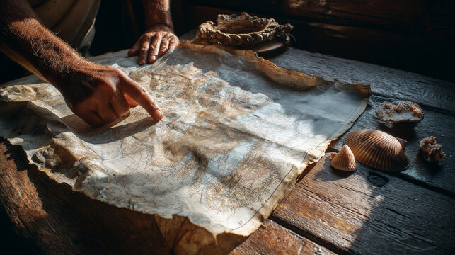 Close-Up of Hand Pointing at Vintage Nautical Map on Wooden Table with Seashells - Powered by Adobe