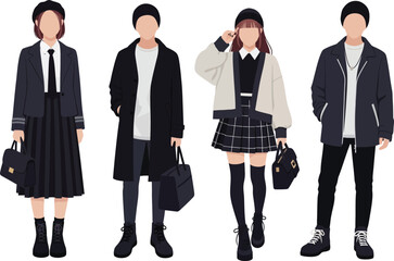 Obraz premium Four stylized figures in fashionable black and white outfits, each holding a bag, showcasing modern and trendy apparel.