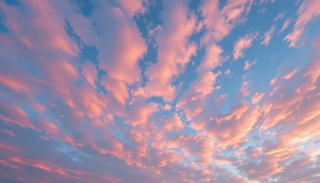 cloudy cotton candy sky with pale rose with icy blue, feather like strands, whispers of fog blending with clouds, low angle with sky stretching overhead, playful and bright