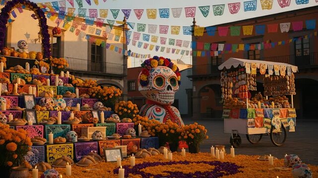 Day of the Dead altar in a Mexican town square. Colorful ofrenda with sugar skulls, marigolds, and candles for a Dia de los Muertos celebration.