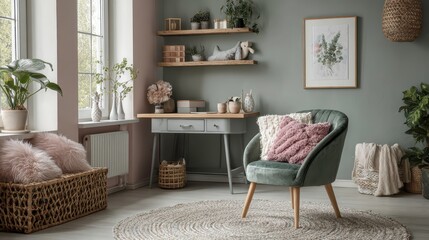 Cozy composition of kid room interior with round shelf, gray desk, green armchair, blue wall, braided rug, plush toys, braided basket, block toys and personal accessories.