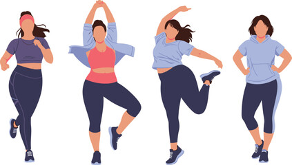 Four plus-size women engaged in various active poses, showcasing different exercise routines, including running, dancing, and stretching.