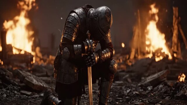 Weary Knight Solitude and Reflection Amidst the Ruins of Battle, Medieval Knight with Sword Amidst Firelight, ancient war, medieval war.
