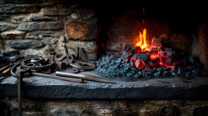 Obraz premium Old metalworking tools and glowing coals in a forge.