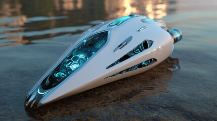 Futuristic, white, pod-like craft rests on water's edge